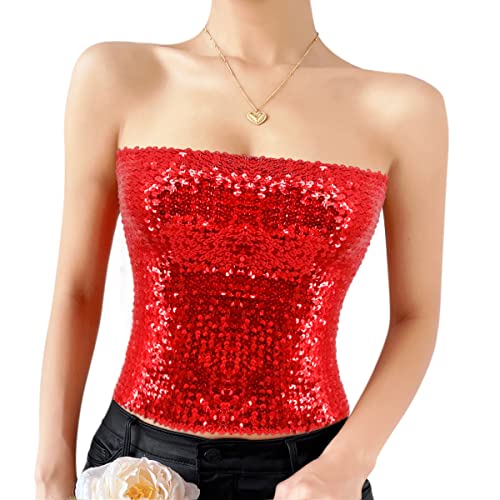 Naimo Damen Glitzer Pailletten Crop Top Ärmellos Schulterfreies Top Sexy Trägerlos Tube Top Bandeau Bustier Rave Oberteil von Naimo