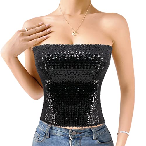 Naimo Damen Glitzer Pailletten Crop Top Ärmellos Schulterfreies Top Sexy Trägerlos Tube Top Bandeau Bustier Rave Oberteil von Naimo