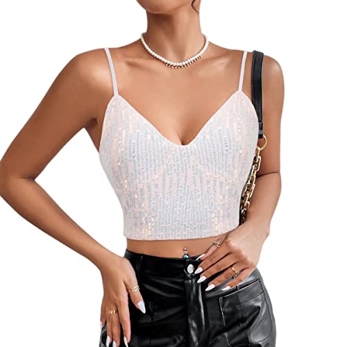 Naimo Damen Glitzer Pailletten Crop Top Ärmellos V-Ausschnitt Spaghettiträger Tank Tops Weste Party Rave Sparkle Camisole von Naimo