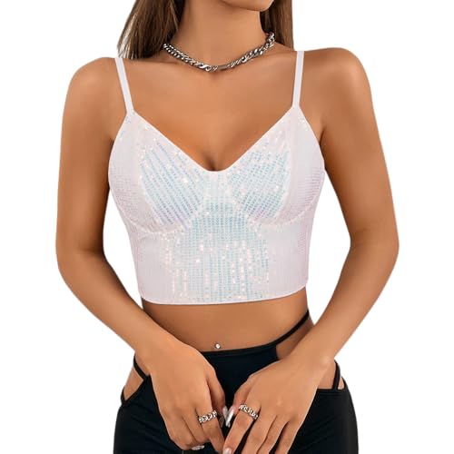 Naimo Damen Glitzer Pailletten Crop Top Ärmellos V-Ausschnitt Spaghettiträger Tank Tops Weste Party Rave Sparkle Camisole von Naimo