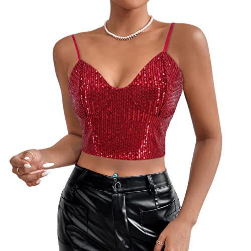 Naimo Damen Glitzer Pailletten Crop Top Ärmellos V-Ausschnitt Spaghettiträger Tank Tops Weste Party Rave Sparkle Camisole von Naimo