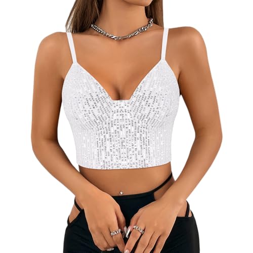 Naimo Damen Glitzer Pailletten Crop Top Ärmellos V-Ausschnitt Spaghettiträger Tank Tops Weste Party Rave Sparkle Camisole von Naimo