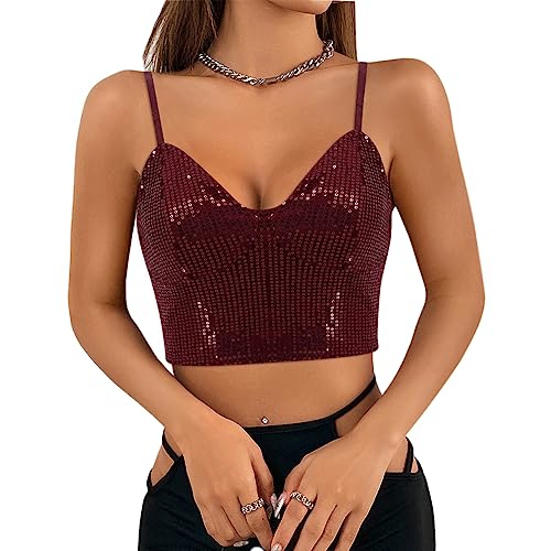 Naimo Damen Glitzer Pailletten Crop Top Ärmellos V-Ausschnitt Spaghettiträger Tank Tops Weste Party Rave Sparkle Camisole von Naimo