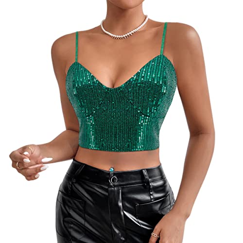 Naimo Damen Glitzer Pailletten Crop Top Ärmellos V-Ausschnitt Tank Tops Weste Sparkle Camisole Bluse Party Rave Oberteile von Naimo