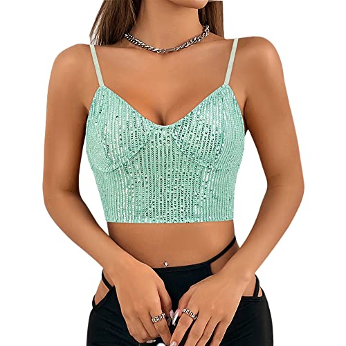 Naimo Damen Glitzer Pailletten Crop Top Ärmellos V-Ausschnitt Tank Tops Weste Sparkle Camisole Bluse Party Rave Oberteile von Naimo