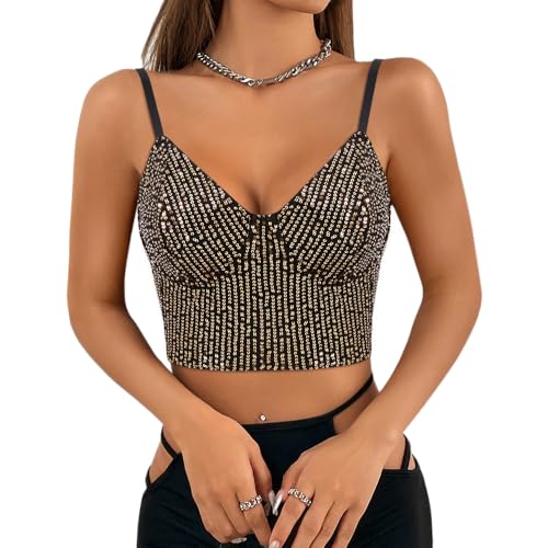 Naimo Damen Glitzer Pailletten Crop Top Ärmellos V-Ausschnitt Tank Tops Weste Sparkle Camisole Bluse Party Rave Oberteile von Naimo