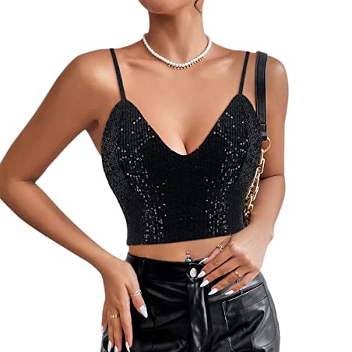 Naimo Damen Glitzer Pailletten Crop Top Ärmellos V-Ausschnitt Tank Tops Weste Sparkle Camisole Bluse Party Rave Oberteile von Naimo