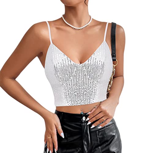 Naimo Damen Glitzer Pailletten Crop Top Ärmellos V-Ausschnitt Tank Tops Weste Sparkle Camisole Bluse Party Rave Oberteile von Naimo