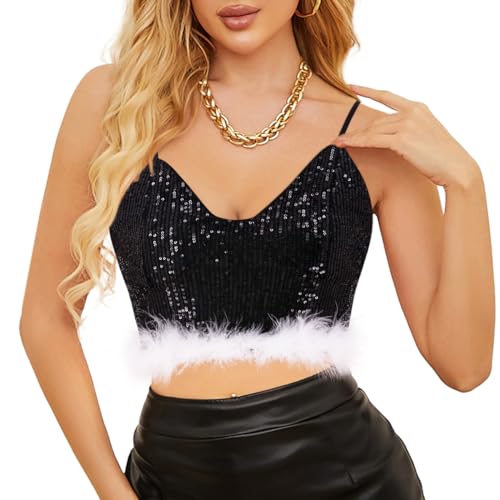 Naimo Damen Glitzer Pailletten Crop Top Kunstfell Feder Trim Ärmellos Spaghettiträger Tank Tops Weste Party Camisole von Naimo