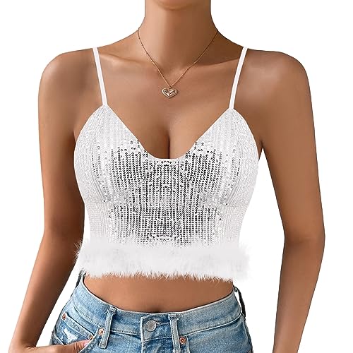 Naimo Damen Glitzer Pailletten Crop Top Kunstfell Feder Trim Ärmellos Spaghettiträger Tank Tops Weste Party Camisole von Naimo