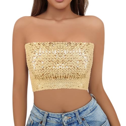 Naimo Damen Glitzer Pailletten Crop Top Schulterfreies Bandeau Tube Top Sparkle Trägerlos Tops Bluse Party Rave Oberteil von Naimo