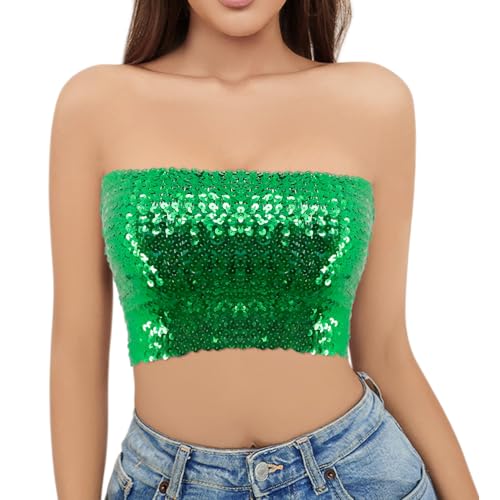 Naimo Damen Glitzer Pailletten Crop Top Schulterfreies Bandeau Tube Top Sparkle Trägerlos Tops Bluse Party Rave Oberteil von Naimo