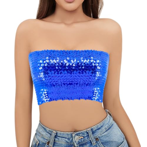 Naimo Damen Glitzer Pailletten Crop Top Schulterfreies Bandeau Tube Top Sparkle Trägerlos Tops Bluse Party Rave Oberteil von Naimo