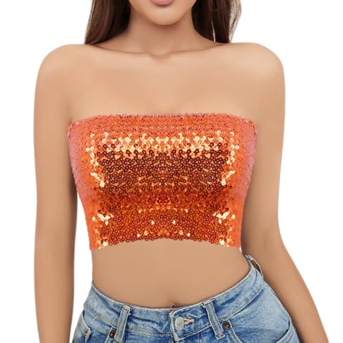 Naimo Damen Glitzer Pailletten Crop Top Schulterfreies Bandeau Tube Top Sparkle Trägerlos Tops Bluse Party Rave Oberteil von Naimo