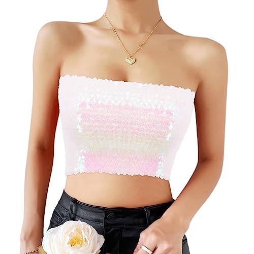 Naimo Damen Glitzer Pailletten Crop Top Schulterfreies Bandeau Tube Top Sparkle Trägerlos Tops Bluse Party Rave Oberteil von Naimo