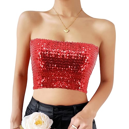 Naimo Damen Glitzer Pailletten Crop Top Schulterfreies Bandeau Tube Top Sparkle Trägerlos Tops Bluse Party Rave Oberteil von Naimo