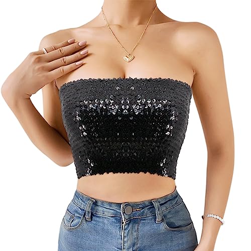 Naimo Damen Glitzer Pailletten Crop Top Schulterfreies Bandeau Tube Top Sparkle Trägerlos Tops Bluse Party Rave Oberteil von Naimo