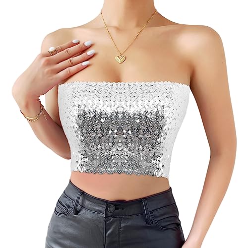 Naimo Damen Glitzer Pailletten Crop Top Schulterfreies Bandeau Tube Top Sparkle Trägerlos Tops Bluse Party Rave Oberteil von Naimo