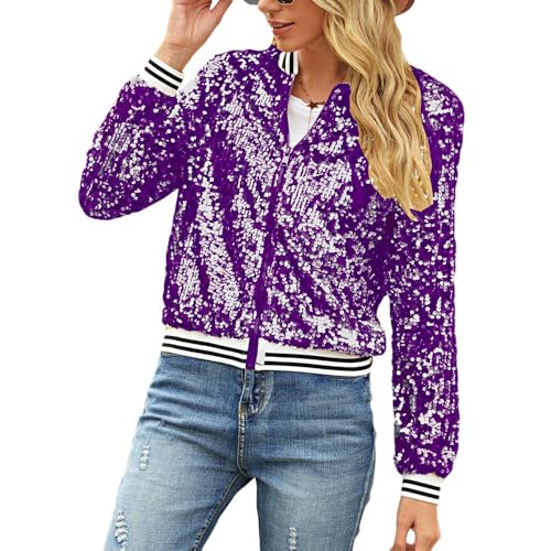 Naimo Damen Glitzer Pailletten Jacke Langarm Offen Reißverschluss Blazer Sparkle Party Festival Metallic Bomberjacke von Naimo