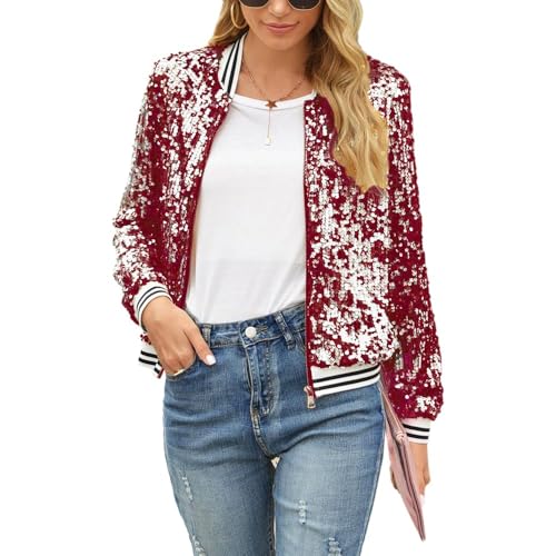 Naimo Damen Glitzer Pailletten Jacke Langarm Offen Reißverschluss Blazer Sparkle Party Festival Metallic Bomberjacke von Naimo