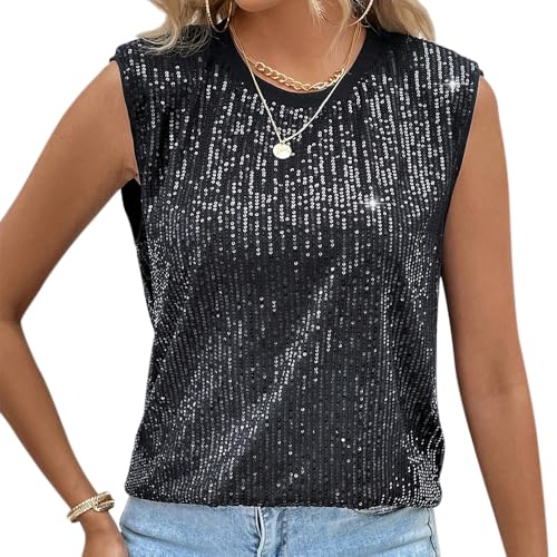 Naimo Damen Glitzer Pailletten Top Ärmellos Rundhals Tank Top Weste Elegant Sparkle Bluse Party Cocktail Oberteile von Naimo