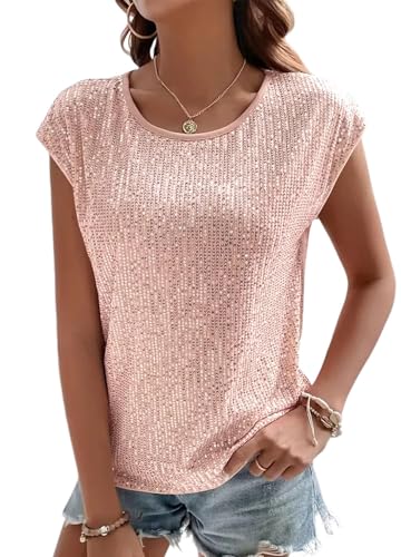 Naimo Damen Glitzer Pailletten Top Kurzarm Rundhals T-Shirt Elegant Sparkle Bluse Party Cocktail Oberteile von Naimo