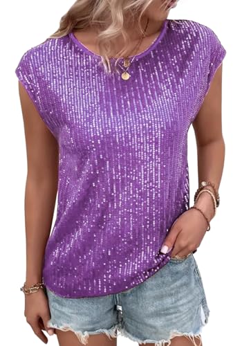 Naimo Damen Glitzer Pailletten Top Kurzarm Rundhals T-Shirt Elegant Sparkle Bluse Party Cocktail Oberteile von Naimo