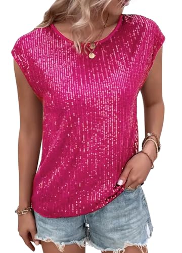 Naimo Damen Glitzer Pailletten Top Kurzarm Rundhals T-Shirt Elegant Sparkle Bluse Party Cocktail Oberteile von Naimo