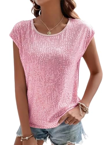 Naimo Damen Glitzer Pailletten Top Kurzarm Rundhals T-Shirt Elegant Sparkle Bluse Party Cocktail Oberteile von Naimo