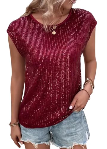 Naimo Damen Glitzer Pailletten Top Kurzarm Rundhals T-Shirt Elegant Sparkle Bluse Party Cocktail Oberteile von Naimo