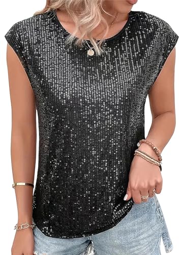 Naimo Damen Glitzer Pailletten Top Kurzarm Rundhals T-Shirt Elegant Sparkle Bluse Party Cocktail Oberteile von Naimo