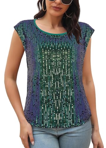 Naimo Damen Glitzer Pailletten Top Kurzarm Rundhals T-Shirt Elegant Sparkle Bluse Party Cocktail Oberteile von Naimo