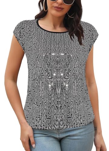 Naimo Damen Glitzer Pailletten Top Kurzarm Rundhals T-Shirt Elegant Sparkle Bluse Party Cocktail Oberteile von Naimo