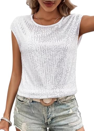 Naimo Damen Glitzer Pailletten Top Kurzarm Rundhals T-Shirt Elegant Sparkle Bluse Party Cocktail Oberteile von Naimo