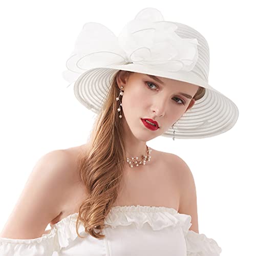 Naimo Damen Hut Organza Kirche Kentucky Derby Fascinator breite Krempe Blume Braut Hut Tea Party Hochzeit Sonnenhüte, Weiß, One size von Naimo