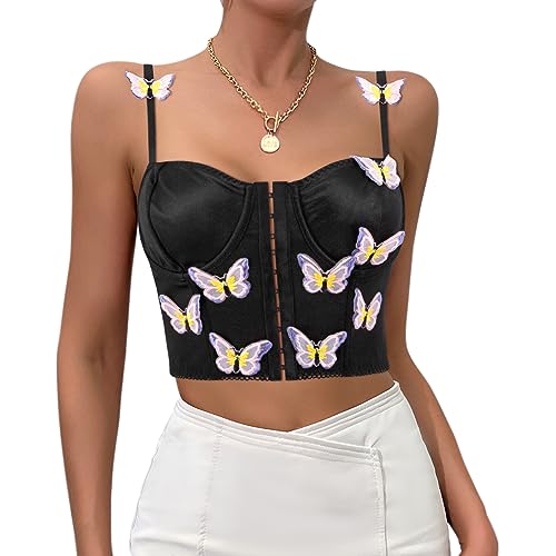 Naimo Damen Korsett Bestickt Korsett Korsetts Dünne Träger Sexy Vintage Floral Bustier Ärmelloses Tanktop Crop Top, Schwarz , L von Naimo