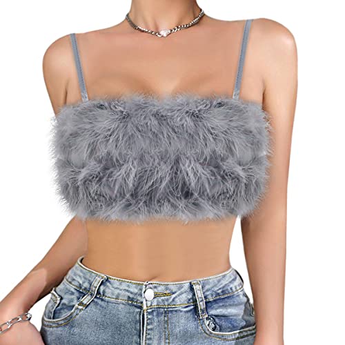 Naimo Damen Kunstpelz Crop Top Ärmellos Spaghettiträger Cami Flauschiger Plüsch Tank Tops Bandeau Tanz Party Clubwear von Naimo