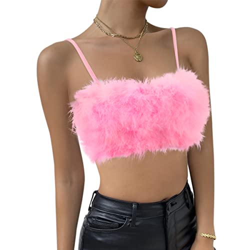 Naimo Damen Kunstpelz Crop Top Ärmellos Spaghettiträger Tank Tops Fuzzy Fluffy Bandeau Weste Cami Party Rave Outfits von Naimo