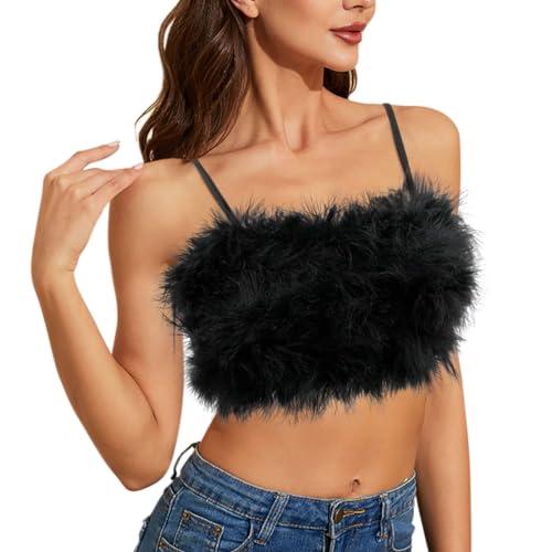 Naimo Damen Kunstpelz Crop Top Ärmellos Spaghettiträger Tank Tops Fuzzy Fluffy Bandeau Weste Cami Party Rave Outfits von Naimo