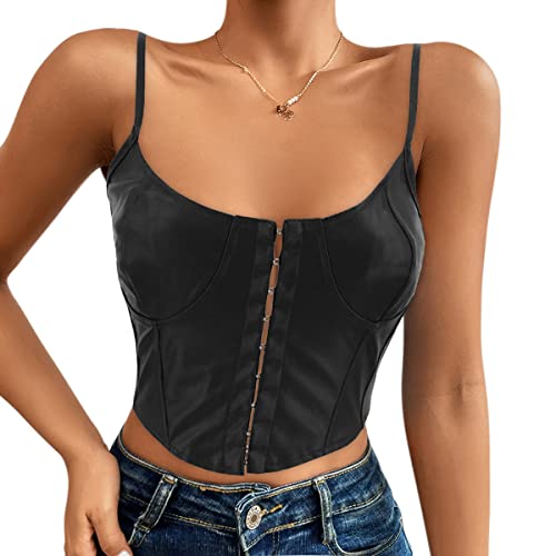 Naimo Damen Leder Crop Top Sexy Ärmellos Weste Camisole Spaghettiträger Bustier Tank Tops Vintage Korsett von Naimo