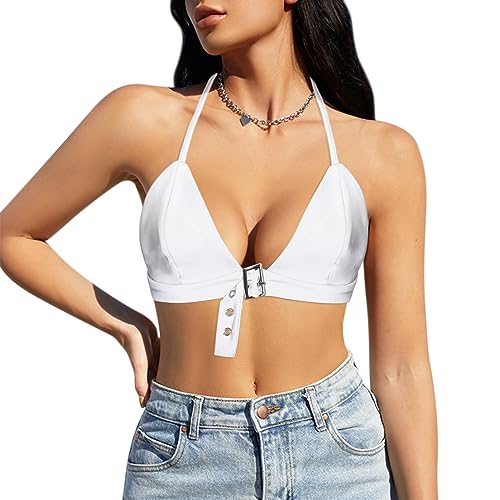 Naimo Damen Metallic BH Top Reflektierendes Crop Top Sexy Neckholder Tank Top Rückenfreies Cami Holografisches Rave Outfit von Naimo