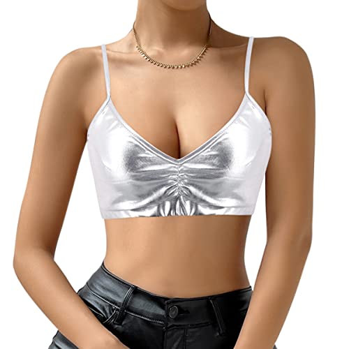 Naimo Damen Metallic Crop Top Ärmellos Spaghettiträger Reflektierend Tank Top Cami Weste Glänzendes Oberteil Tanz Rave Outfit von Naimo