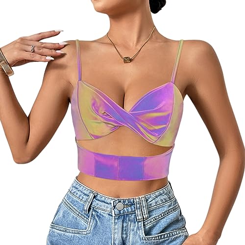 Naimo Damen Metallic Crop Top Reflektierendes Top Cut Out Tank Top Spaghettiträger Cami Weste Holografisches Rave Outfit von Naimo