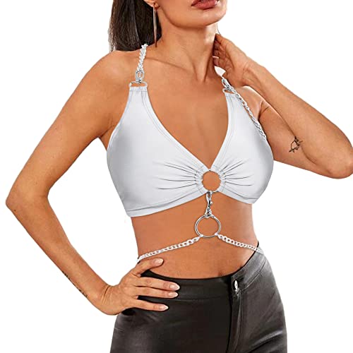 Naimo Damen Metallic Top Reflektierendes Crop Top Sexy Halfter Kette Tank Top Rückenfrei Weste Cami Holografisches Rave Outfit von Naimo