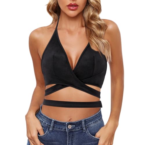 Naimo Damen Neckholder Crop Top Sexy Ärmellos Cut Out Tank Top Criss Cross Trägertop Bauchfrei Top Rückenfreies Oberteil von Naimo