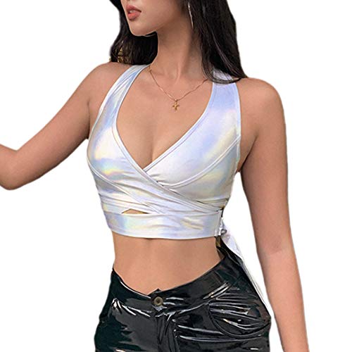 Naimo Damen Neckholder Crop Top Sexy Ärmellos Cut Out Tank Top Criss Cross Trägertop Bauchfrei Top Rückenfreies Oberteil von Naimo