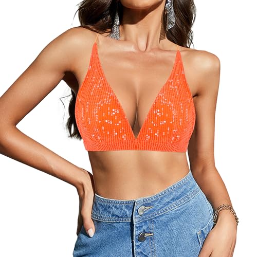 Naimo Damen Pailletten Crop Top Neckholder V-Ausschnitt Cami Criss Cross Rückenfrei Tank Top Bralette Weste Party Rave Oberteil von Naimo