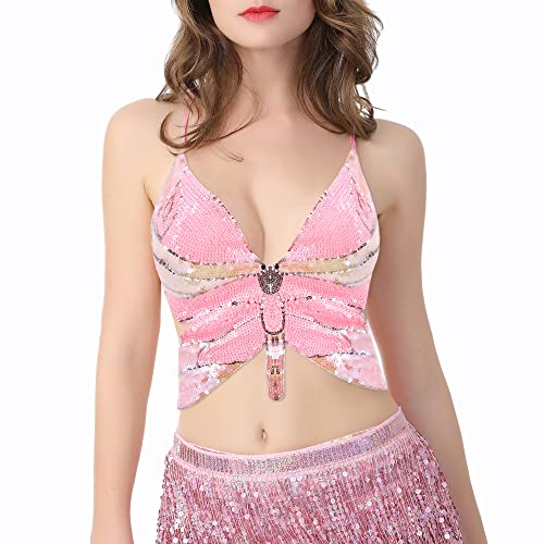 Naimo Damen Pailletten Crop Top Schmetterling Cami Sexy V-Ausschnitt Rückenfreie Schnürung Bauchtanz BH Kostüm Outfits von Naimo