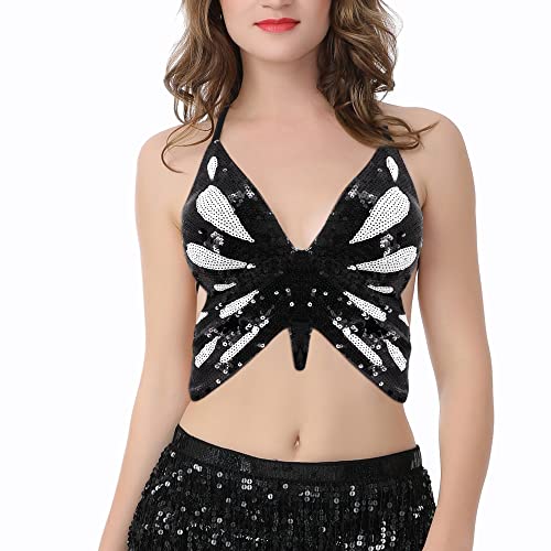 Naimo Damen Pailletten Crop Top Schmetterling Cami Sexy V-Ausschnitt Rückenfreie Schnürung Bauchtanz Kostüm Outfits von Naimo