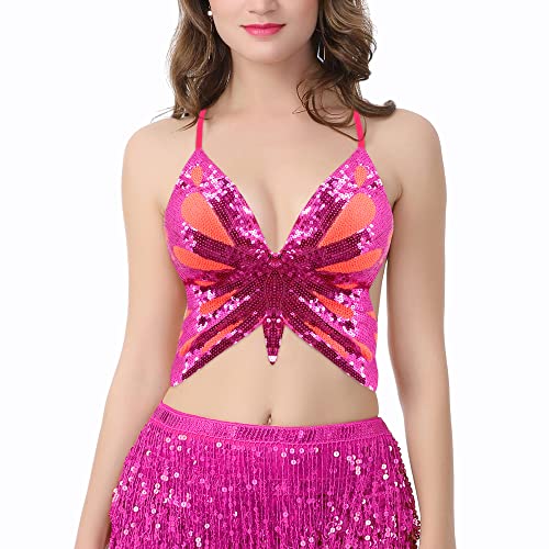 Naimo Damen Pailletten Schmetterling Crop Top Sexy Halter Bandage Riemchen Tank Top Cami Tube Bauchtanz Rave Kostüm von Naimo